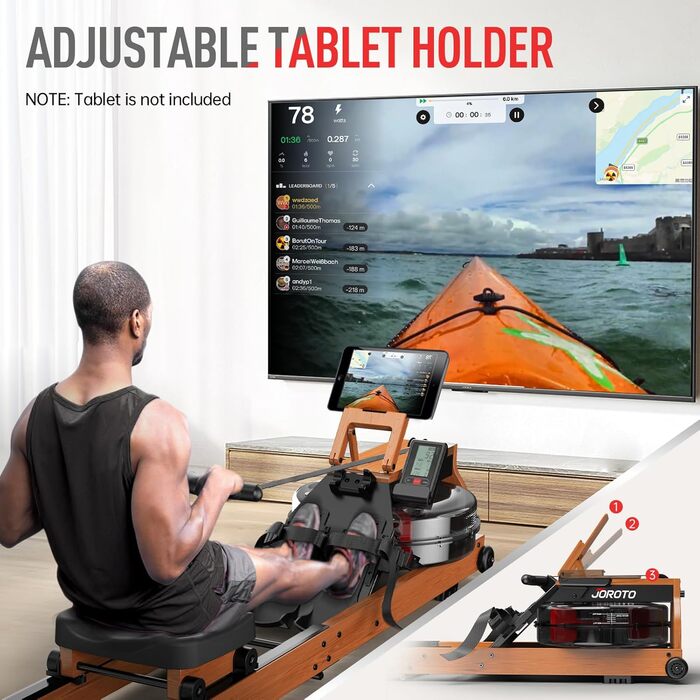 Домашній гребний тренажер JOROTO Oak, складний водний гребний тренажер з Bluetooth-дисплеєм та 30-денним безкоштовним членством у Kinomap, гребний тренажер з регульованим тримачем для планшета, вантажопідйомність 150 кг MR280PRO-OAK