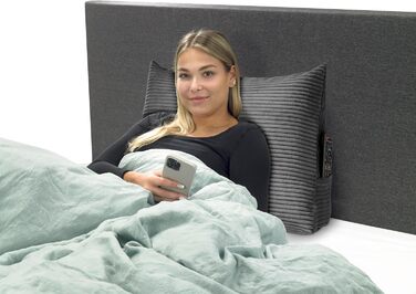 Вельветова подушка для ліжка XDREAM, клиноподібна подушка для ліжка та дивана темно-сірого кольору Стабільна для розмірів подушка для спини та попереку з бічною кишенею Чохол, який можна прати Сертифіковано Oeko-Tex 70 x 40 x 20 см темно-сірого кольору / 