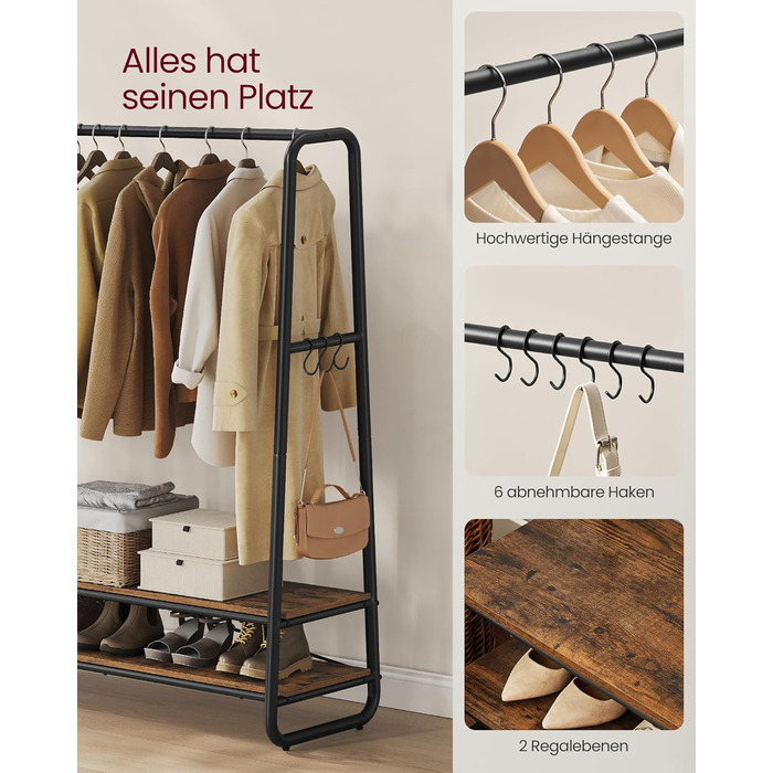 Вішалка для одягу, вішалка для пальто, шафа, 2 полиці, 6 S-подібних гачків, сталевий каркас, 45 x 138 x 160 см, для спальні, коридору, передпокою, вінтажний коричнево-чорний RGR119B01 138B см Вінтажний коричневий чорний