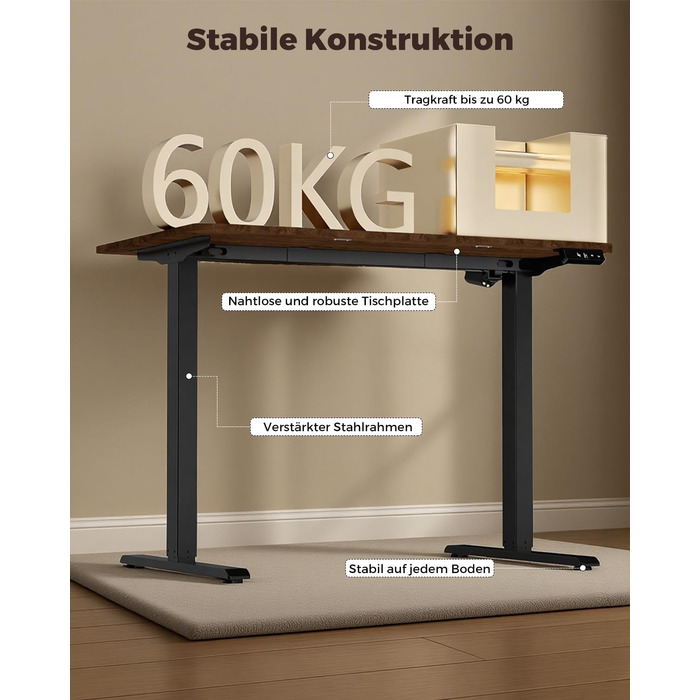 Стіл з регульованою висотою, 120 x 60 см, пам&39ять налаштувань висоти з 2 режимами, легке складання, для домашнього офісу, навчання та ігор, вінтажно-коричневий