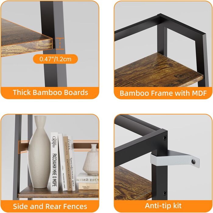 Полиця-драбина HITNET, 4-рівнева книжкова полиця, окремостояча полиця, компактна відкрита полиця для ванної кімнати, підставка для рослин, рустикальний коричневий та чорний колір
