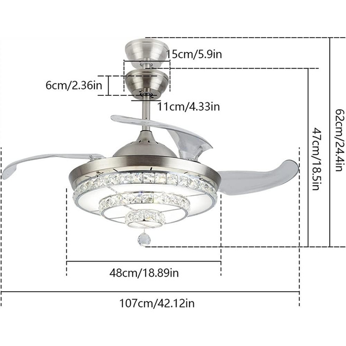 Тихий вентилятор лампа Кришталевий світлодіодний стельовий вентилятор з пультом дистанційного керування висувним невидимим лезом р