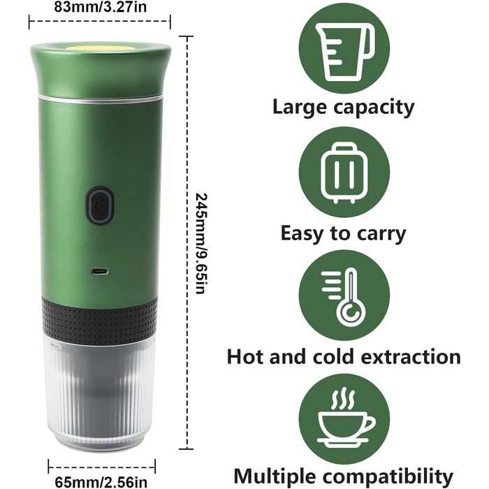 Портативна акумуляторна кавова машина, еспресо-машина 12 В, електрична кавова машина, маленька портативна автомобільна кавова машина, сумісна з капсулами NS і меленою кавою для подорожей на авто, зелений