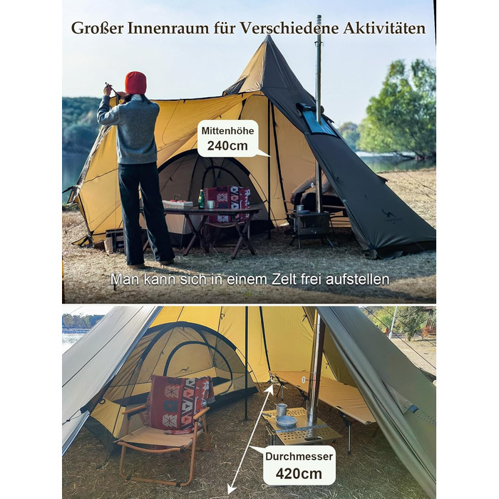 Намет TOMOUNT Tipi з нейлону, індіанський намет з високим хребтом для 6 осіб, пірамідальний намет з отвором для плити, 4-сезонний кемпінговий намет для активного відпочинку, кемпінгу, пішого туризму, трекінгу, самостійного виготовлення