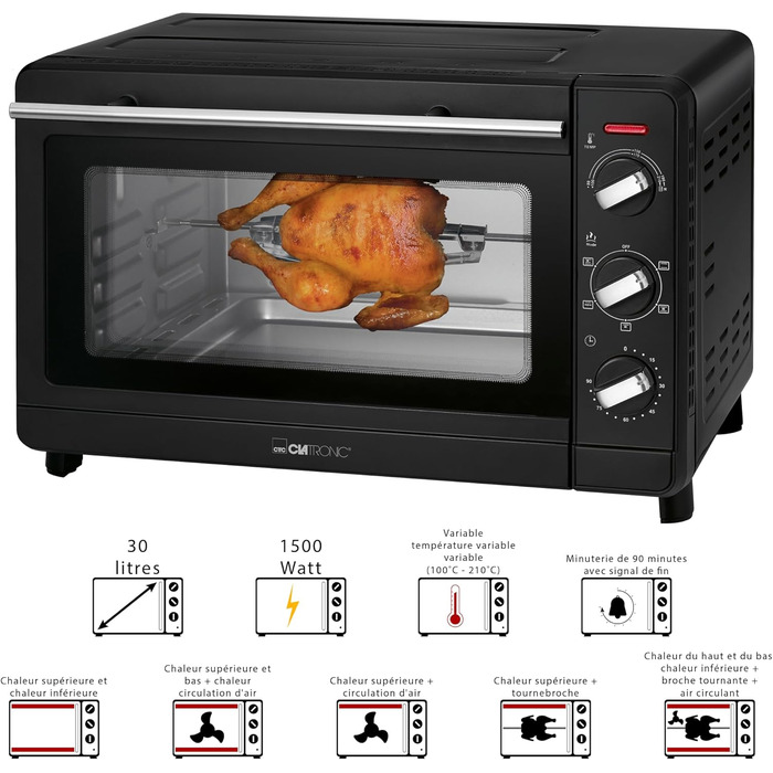 Мультидухова шафа Clatronic MBG 3728, пекарна камера 30 літрів, конвекція верхній і нижній нагрів, таймер на 90 хвилин з сигналом закінчення, чорний