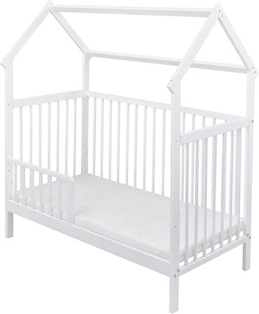 Комплект дитячого ліжечка Generic Baby Deluxe, ліжко-будиночок 60x120 см, білий захист від падіння, матрац для ліжечка, комплект постільної білизни (мусліновий балдахін, рожевий мусліновий вафельний піке)