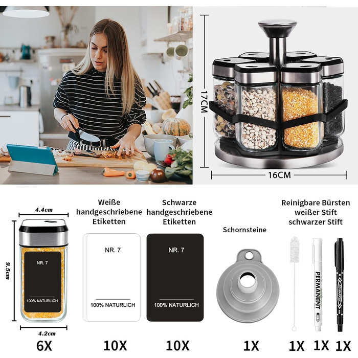 Карусель для спецій, що обертається на 360, органайзер для спецій з 6 баночками для спецій об&39ємом 120 мл, регулювання розміру на 360, ніжна підставка для спецій з нержавіючої сталі, зберігання основних спецій для початківців-кухарів, один шар - 6 баноч