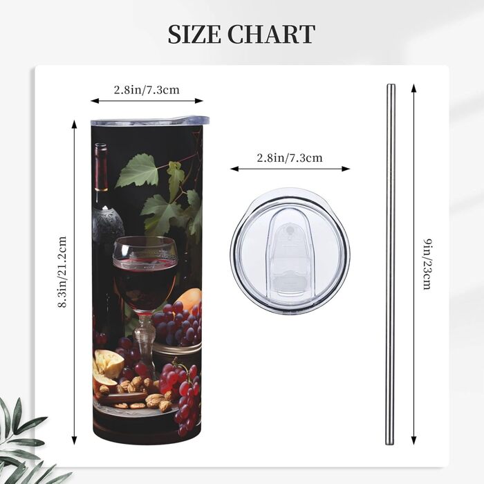 Кружка з прямою трубочкою, 590 мл, дизайн фрукти та вино, друкований, підходить для кемпінгу, офісу та дому.