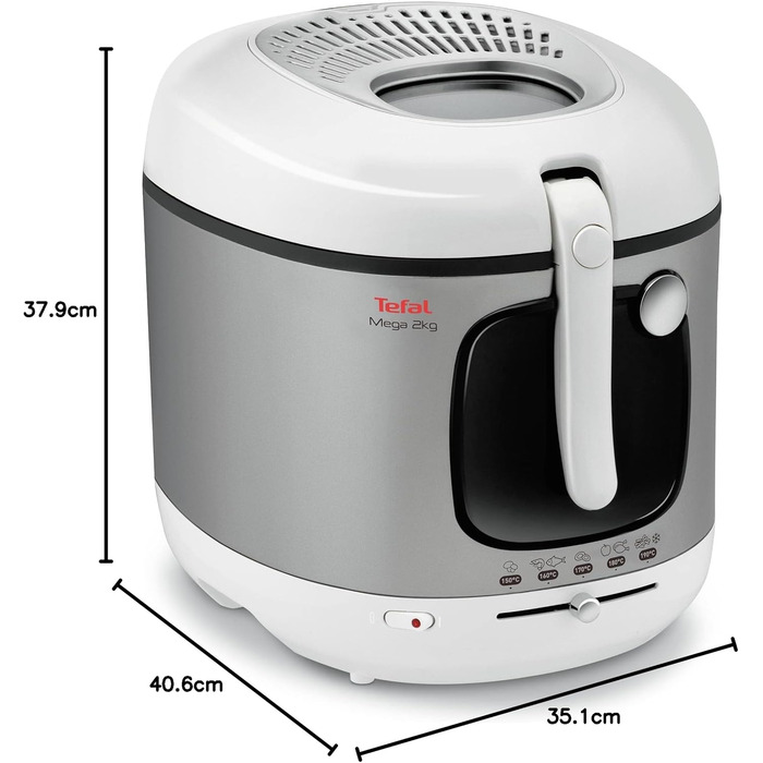 Електрична фритюрниця Tefal FR4800 Mega 2 кг Ємність масла 3,3 л Фільтр проти запаху Запчастини, безпечні для миття в посудомийній машині Оглядове вікно регульований термостат Білий/Нержавіюча сталь