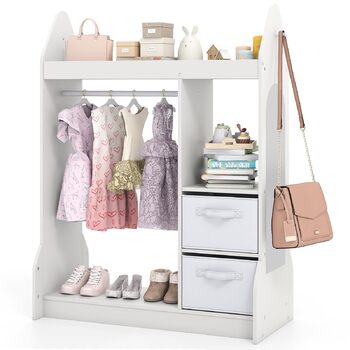 Дитяча шафа COSTWAY з дзеркалом, вішалка для дитячого одягу з рейкою для одягу, 2 шухляди для тканини та гачки, дерев&39яна дитяча шафа з полицями, для дитячої кімнати, 81 x 38 x 107 см (білий) 81 x 38 x 107 см білий