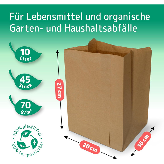 Біорозкладні крафт-паперові пакети для сміття, 10 л / 45 шт., 2016x35 см, коричневі