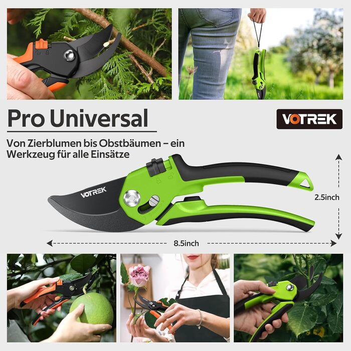 Садові ножиці з двостороннім механізмом 8,5 дюймів з плавним відкриванням ручки, професійні ножиці для троянд та дерев зі сталі SK5 та внутрішньою пружиною для легкого обрізання ідеально підходять для людей зі слабкими руками. Браслет Подарунковий зелений