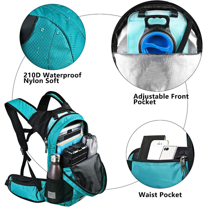 Гідратаційний рюкзак, 20 л / 2 л камера, Водонепроникний, Нейлон/Пластик, Чорний матовий