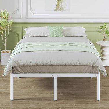 Металеве ліжко 140x200 см із закругленими кутовими ніжками, висота 41 см, ліжко з рейковою основою, металевий каркас ліжка, двоспальне ліжко з місцем для зберігання під ліжком, безшумне, легке складання, біле 140 x 200 см