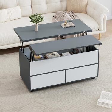 Журнальний столик Merax, стіл для вітальні з регульованою висотою, багатофункціональний журнальний столик 3-в-1 з прихованим місцем для зберігання, шухлядами та коліщатками, що трансформується в обідній стіл, диван-стіл для домашнього офісу, сіро-білий 10