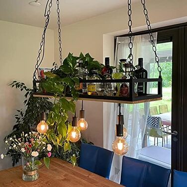 Промисловий I Вінтажний I Промисловий I Вінтажний I Підвісний світильник I Підвісний світильник чорного кольору з деревом, 5 ламп - Полиця I Вітальня I Спальня - Прямокутний I Довгастий - Сумісний зі світлодіодами