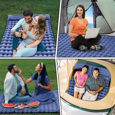 Килимок для кемпінгу для 2 осіб, 200x135 см, надлегкий, надувний матрац, килимок для сну з ножним насосом, складний килимок для сну з подушкою, темно-синій, двоспальний