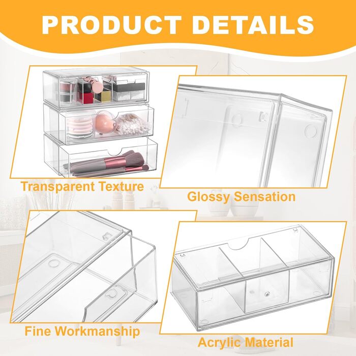 Акриловий органайзер для косметики Hejo з 3 предметів, органайзер для макіяжу, органайзер для туалетного столика, органайзер для шухляд у ванній кімнаті, штабелюваний органайзер для макіяжу, контейнер для ватних тампонів для ванної кімнати та комода (проз