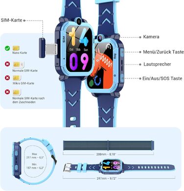 Розумний годинник Blackview Kids, слот для SIM-картки, LBSWiFiGPS-трекер, функція 4G, екстрений виклик SOS, телефонні дзвінки, відеодзвінки, голосовий чат, SMS, шкільний режим, дитячий годинник для хлопчиків та дівчаток, 4G - Прусський синій