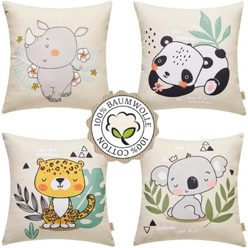 Високоякісна бавовна Дитячі наволочки 40х40 (набір 4) Чарівні тваринні мотиви Носоріг Леопард Панда Коала Німецька якість Стильне