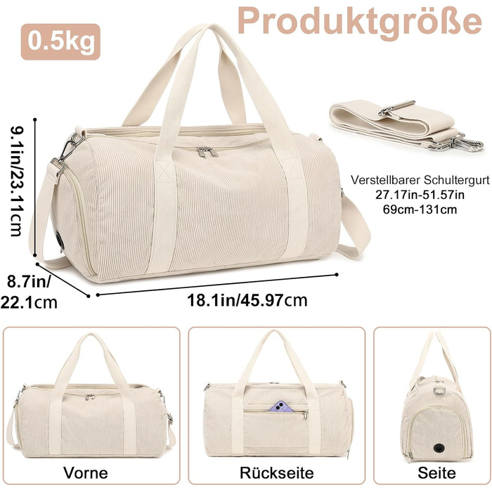 Спортивна сумка для дітей, сумка для плавання для хлопчиків та жінок з відділенням для взуття та відділенням для вологи, сумка для купання для підлітків, невелика дорожня сумка, сумка для фітнесу (Corduroy Pure Beige)