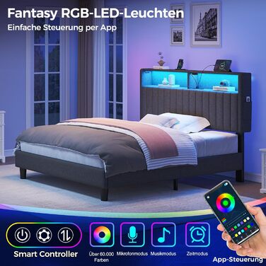 Ліжко Seventable 90x200 із зарядною станцією, металеве ліжко з м&39яким узголів&39ям та світлодіодним підсвічуванням, каркас ліжка з дворівневою полицею, ідеально підходить для дитячих кімнат, кімнат підлітків (сірий) сірий 90 x 200 см