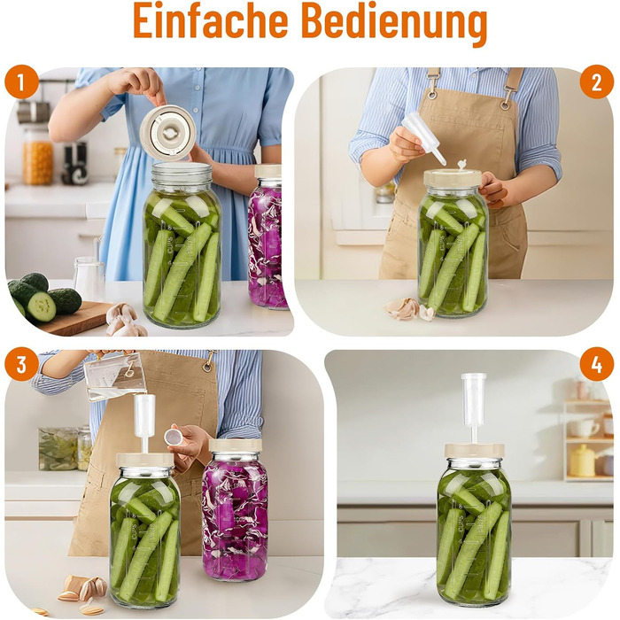 Банки для ферментації, упаковка з 2 шт., місткість 2 л, контейнери для кімчі з гідрозатвором та індикатором дати, банки для ферментації з широким горлом, ідеально підходять для ферментації кімчі, квашеної капусти, закваски, 2 л (з індикатором дати)