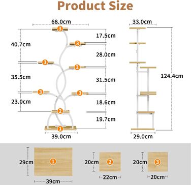 Підставка для рослин з лампою для вирощування - 8-ярусна підставка для квітів 124 см, полиця для рослин з металу та дерева - Квіткові драбини для приміщень та вулиці - Декоративна чорна квіткова підставка для балкону, біла