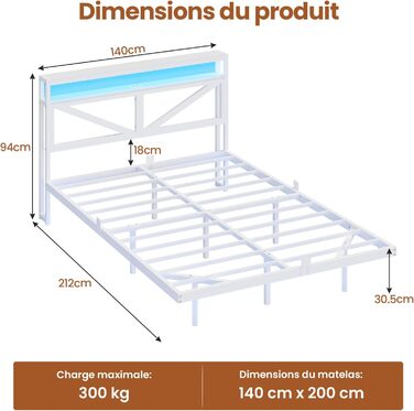 Плаваючий каркас ліжка 140x190 зі світлодіодним освітленням та зарядною станцією, Плаваючий каркас ліжка з узголів&39ям для зберігання, Металеве ліжко з металевою рейковою основою, Гостьове ліжко, Двоспальне ліжко, Дитяче ліжко - без матраца, 140 x 190 см