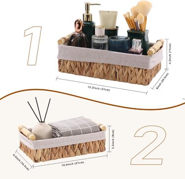 Плетені кошики для зберігання з ручками, комплект кошиків для ванної кімнати з 2 предметів з ротанга, плетені кошики з полицями ручної роботи, кошик для зберігання рушників та туалетного паперу, водяний гіацинт