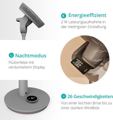 П'єдестальний вентилятор Тихий - Економічний двигун постійного струму з 26 швидкостями - Регульована висота вентилятора (73-95 см)