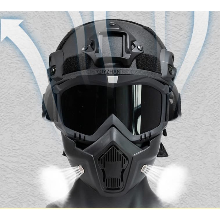 Страйкбольний шолом можна регулювати відповідно до тактичних шоломів, а страйкбольна маска зі знімними окулярами із захистом від запотівання використовується для видів спорту на свіжому повітрі, таких як страйкбол, пейнтбол та ігри з комп&39ютерної графік