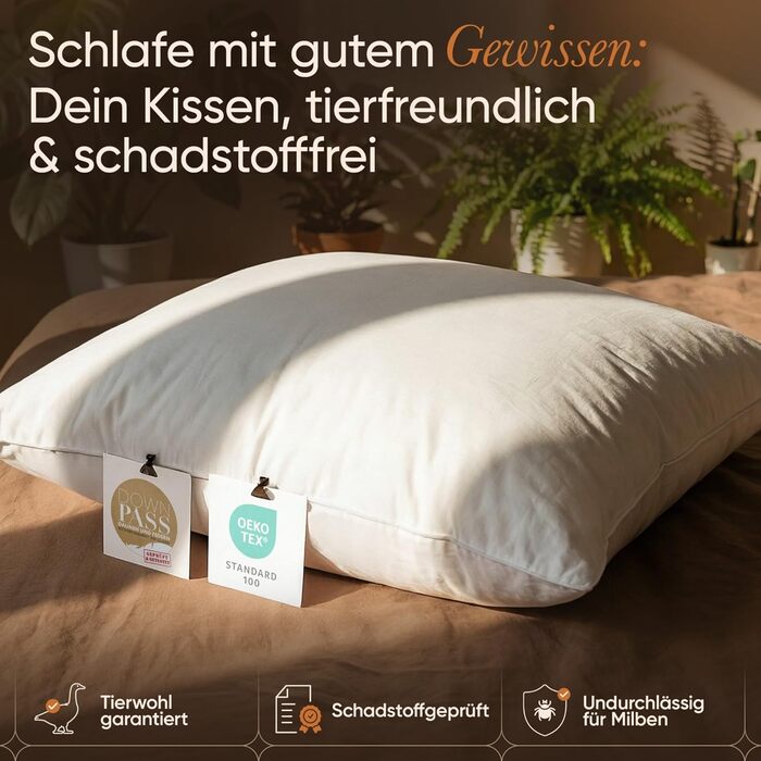 Пухові подушки BEFA NATUR 80x80 см (2 шт.) 3-камерні подушки 90 пух та 10 пера Вага наповнювача 1400 г кожна Гіпоалергенні (NOMITE) Сертифіковані для тварин (DOWNPASS) OEKO-TEX Клас 1 Зроблено в Німеччині 2 шт. 80x80 см