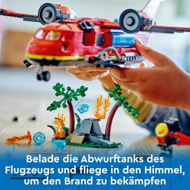Пожежний літак LEGO City, пожежний набір з іграшковим літаком для дітей, будівельний набір з 3 фігурками пожежників та пожежним фоном, чудова ідея для подарунка для хлопчиків та дівчаток віком від 6 років 60413