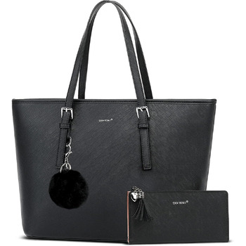 Сумочка жіноча набір чорна сумка з гаманцем для офісу школа шопінг сумочка жіноча велика з китицями жіноча і хутряна куля плюшевий