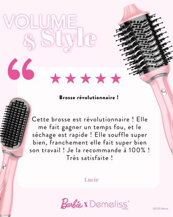 Стайлер-фен 2-в-1 Demeliss Volume & Style Колекція Barbie сушіння та укладка для всіх типів волосся, 2 змінні насадки, кераміко-турмалінове покриття, 3 температурні режими