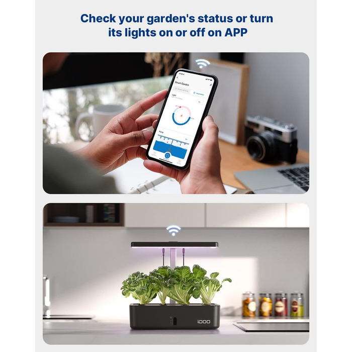 Система iDOO WiFi для гідропоніки, розумний сад зі світлодіодною лампою для рослин, вентилятор, автоматичний таймер, набір трав для внутрішнього саду, гідропоніка з регульованою висотою для використання в приміщенні, 12 стручків