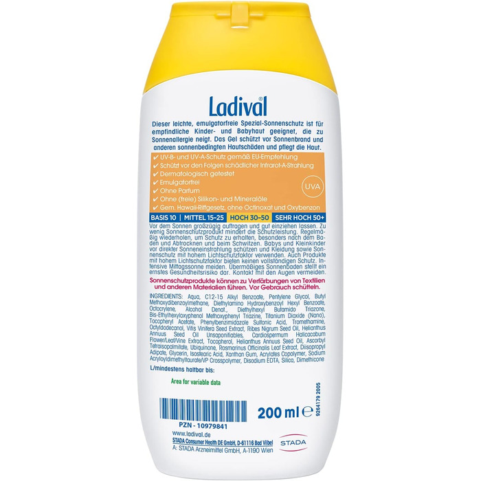 Сонцезахисний гель Ladival Children for Allergic SPF 30 підходить для алергії на сонце Сонцезахисний крем без ароматизаторів, без барвників та консервантів водостійкий 1 x 200 мл