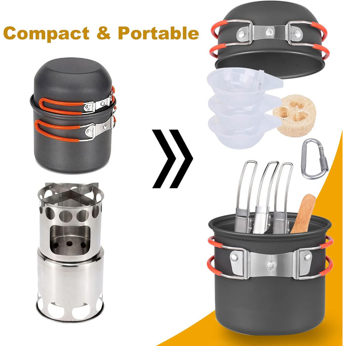Портативний набір посуду для кемпінгу, алюмінієві каструлі з антипригарним покриттям, нержавіюча сталь, кемпінгова плита, складне начиння, повний комплект посуду для приготування їжі на свіжому повітрі та кемпінгу.