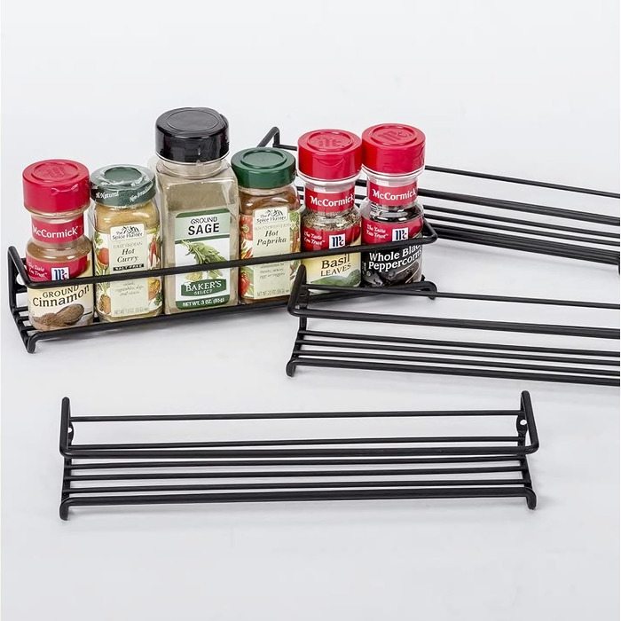 Металева підставка для спецій GEEDIAR - Підвісна кухонна полиця з 4 предметів, самоклеюча підставка для спецій (не потребує свердління) для стін, кухонних шаф, дверцят кухонних шаф, декоративних предметів, стільниць, 29 x 6,35 x 6 см, чорна