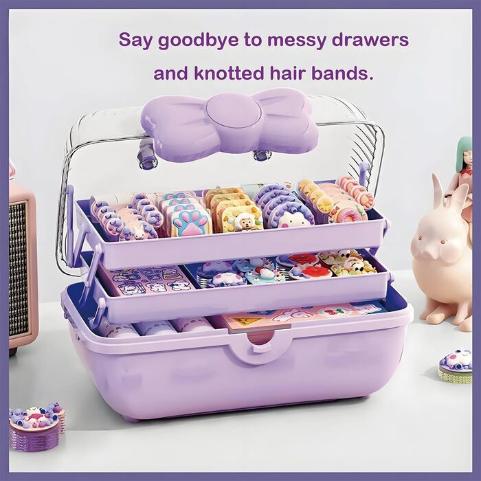 Організатор для гумок для волосся з ручкою, органайзер для дитячих шпильок для волосся, органайзер для дівчаток, 3-ярусна скринька для зберігання дитячих аксесуарів для волосся, для швейного приладдя, аксесуарів для волосся (фіолетовий)