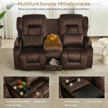 Місний розкладний крісло-реклайнер з функцією відкидання спинки та підставкою для ніг, двомісне крісло для телевізора з консоллю, подвійне кінокрісло з ручним регулюванням вагою до 360 кг (розкладна центральна консоль, коричнева оксамитова тканина) Коричн