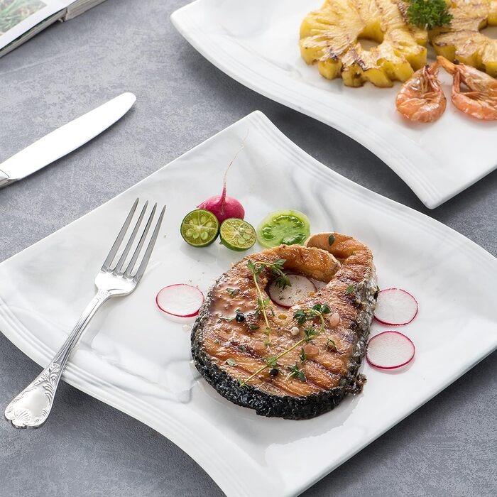 Серія Флора, 6 предметів Набір мармурових порцелянових плоских тарілок Обідня тарілка Обідня тарілка 10,25 дюйма / 26x27x2,5 см дл