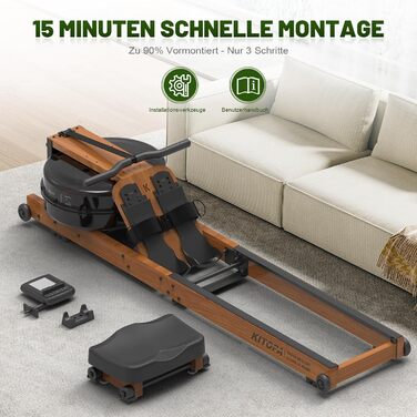 Дерев&39яний водний гребний тренажер Kitopa, складний домашній гребний тренажер з 30-денним членством у Kinomap, максимальний зріст користувача 2 м/160 кг, водний гребний тренажер з Bluetooth-дисплеєм та регульованим тримачем для телефону, коричневий