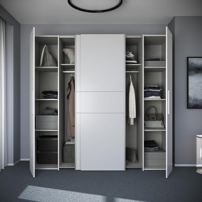 Шафа 200, сучасна шафа з розсувними/відкидними дверима, 4 двері, полиці, вішалки для одягу, дерев&39яний композит, білий, 200,1 см завширшки x 190,5 см заввишки x 61,2 см завглибшки, білий, без шухляд