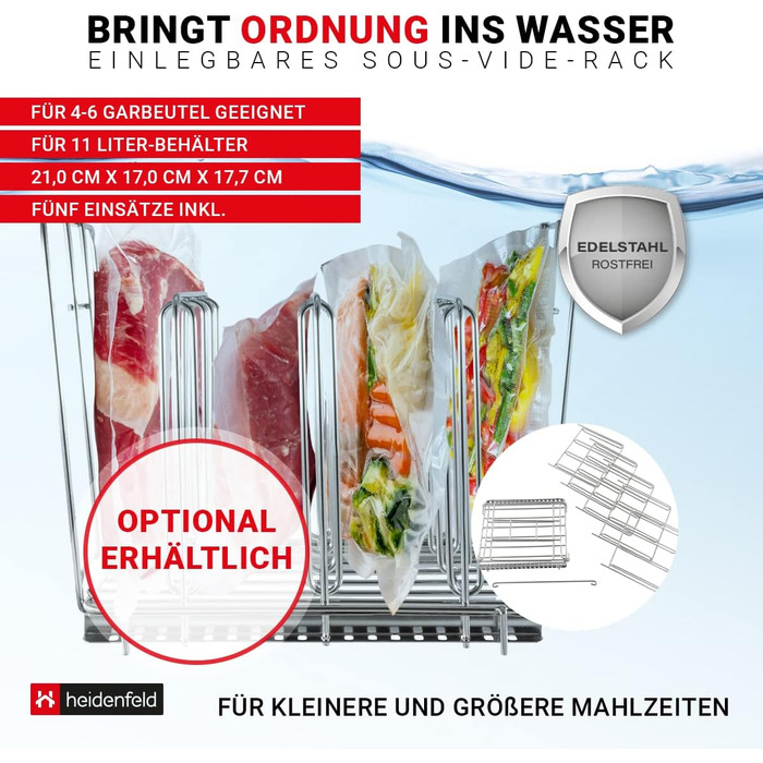Контейнер для плити Heidenfeld SVS11 Sous Vide - дуже великий 32,0 x 26,5 x 20,0 см - Кришка - Стійка - Набір контейнерів - Повний комплект - Об'єм 11 л - Аксесуари для паличок Sous-Vide - Кухонний приладдя (Набір контейнерів)