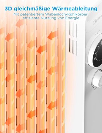 Масляний радіатор Midea NY1507-22M, енергозберігаючий, тихий електричний обігрівач потужністю 1500 Вт із 7 ребрами, термостатом, 3 режимами нагріву, захистом від перекидання та перегріву, еко-режимом, швидким нагріванням та портативним, білий колір