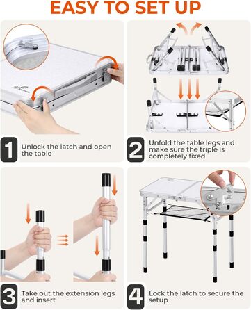 Складаний кемпінговий стіл Sportneer, регульована висота, маленький складний стіл, портативні кемпінгові столи (60 см Д x 40 см Ш (4 рівні висоти)) із сітчастим шаром для використання на вулиці, білий 60*40 см (4 рівні висоти)