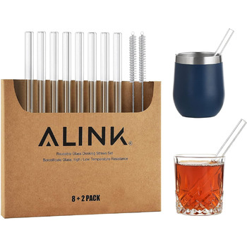 Прозора соломинка для пиття ALINK Glass Straws пряма 8 шт. 10 мм x 15,2 см, багаторазові скляні соломинки для пиття 2 щітки для чи