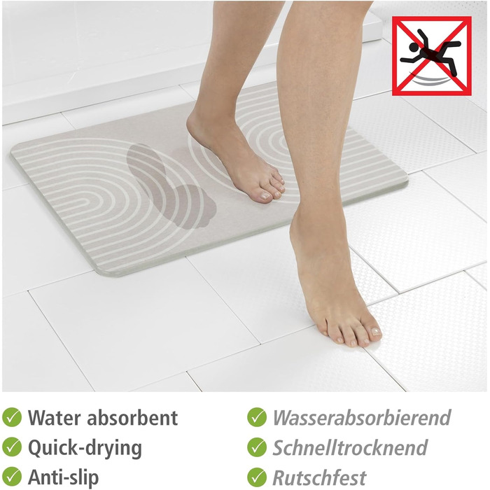 Килимок для ванної WENKO Модель Наска, виготовлений з натурального діатоміту, нековзний, водопоглинаючий та швидковисихаючий, 60 x 1 x 39 см, сіро-бежевий Наска